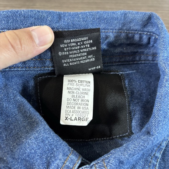 Vintage WWF New York Denim Button Down Shirt Size XL Made In USA 90s Rare - Picture 3 of 7